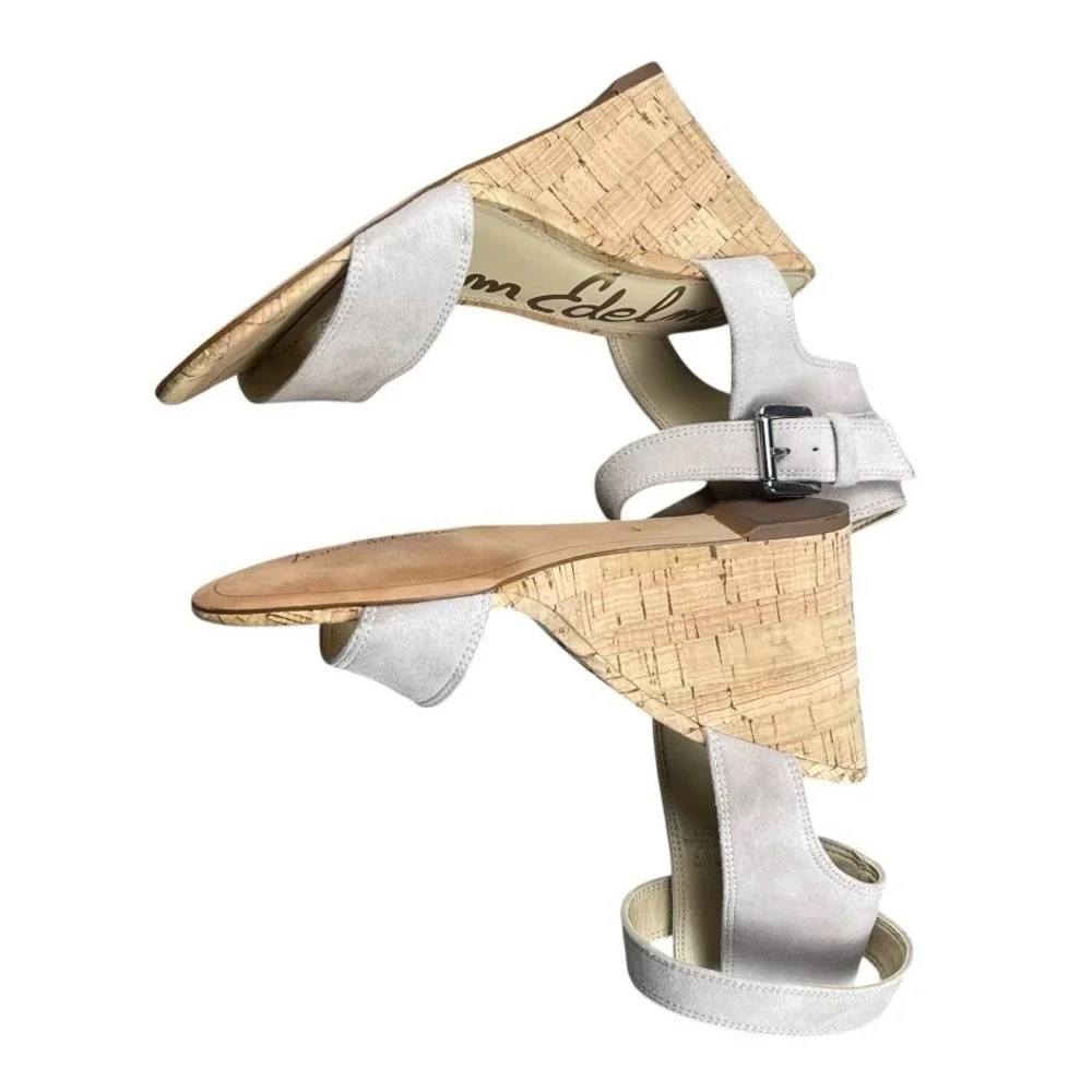 Sam Edelman Women Light Gray Suede Cork Wedge Sandals Size 6.5 Ankle Strap Shoes